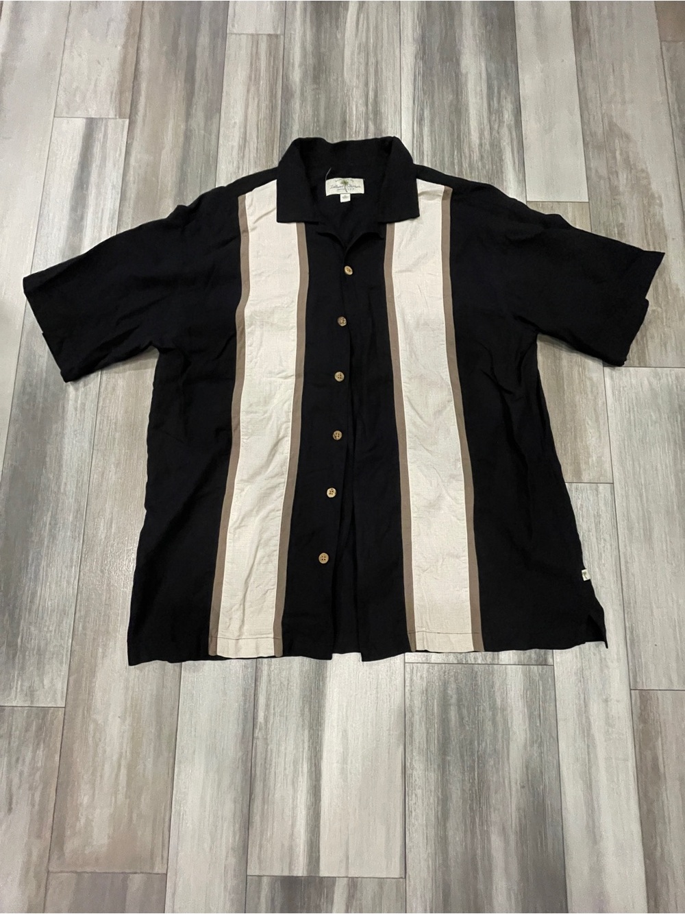Island Shores 100% Washable Silk coastal Camp Shirt XL Black Beige Y2K style
